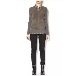 Ecru Women's Size Medium Suede Front V Neck Pullover Sweater Brown Gray